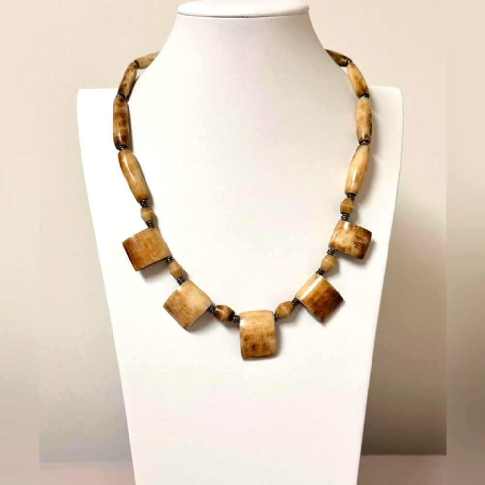 Vintage Stained Bone Necklace Square 20" Hippie Boho